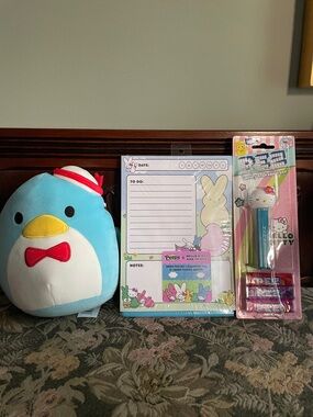 Hello Kitty Pastel To-Do Memo Pad, Tuxedo Sam Squishmallows and Pez dispenser
